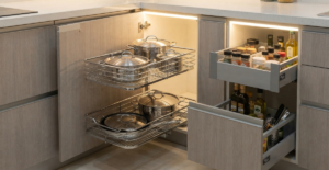A modern modular kitchen corner unit in a Dhaka home featuring a chrome "Magic Corner" pull-out system and adjacent soft-close baskets filled with stainless steel cookware and spices, maximizing storage space.