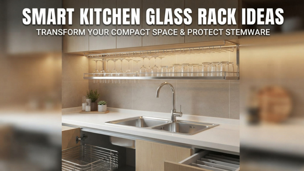 A modern kitchen view showing a stainless steel glass rack mounted under cabinets above a sink, holding organized stemware and tumblers, with text overlay promoting smart storage ideas.
