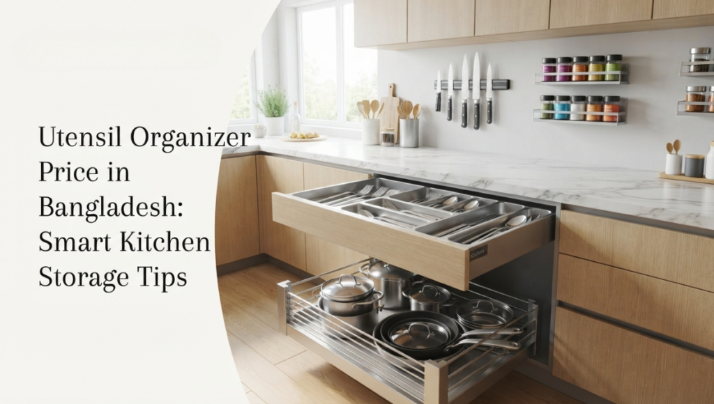 Modern modular kitchen with pull-out drawers, stainless steel organizers, spice racks, and a magnetic knife holder, illustrating smart storage tips and product prices in Bangladesh.