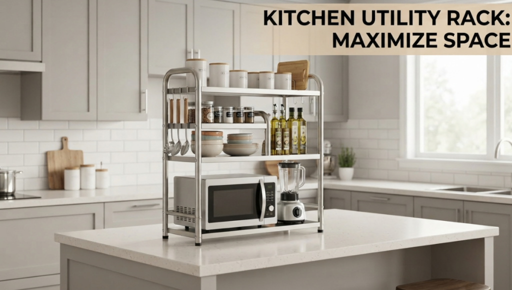A multi-tier stainless steel kitchen utility rack organizing a microwave, blender, spices, and jars on a modern kitchen counter.