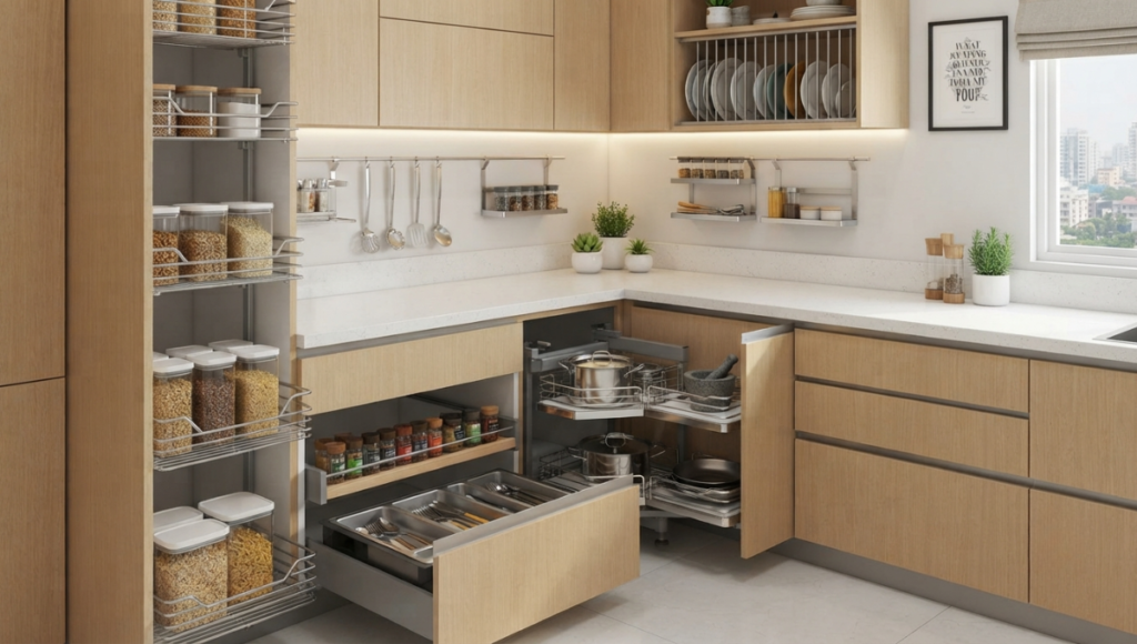 A modern, organized kitchen in a Bangladeshi apartment featuring a variety of space-saving storage solutions like a pull-out pantry unit, magic corner carousel, deep drawer inserts, and wall-mounted stainless steel organizers.