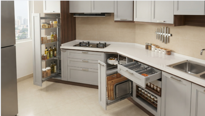 A clutter-free, modern Bangladeshi modular kitchen showing various smart storage solutions like pull-out baskets, drawers, a corner unit, and a built-in gas hob.