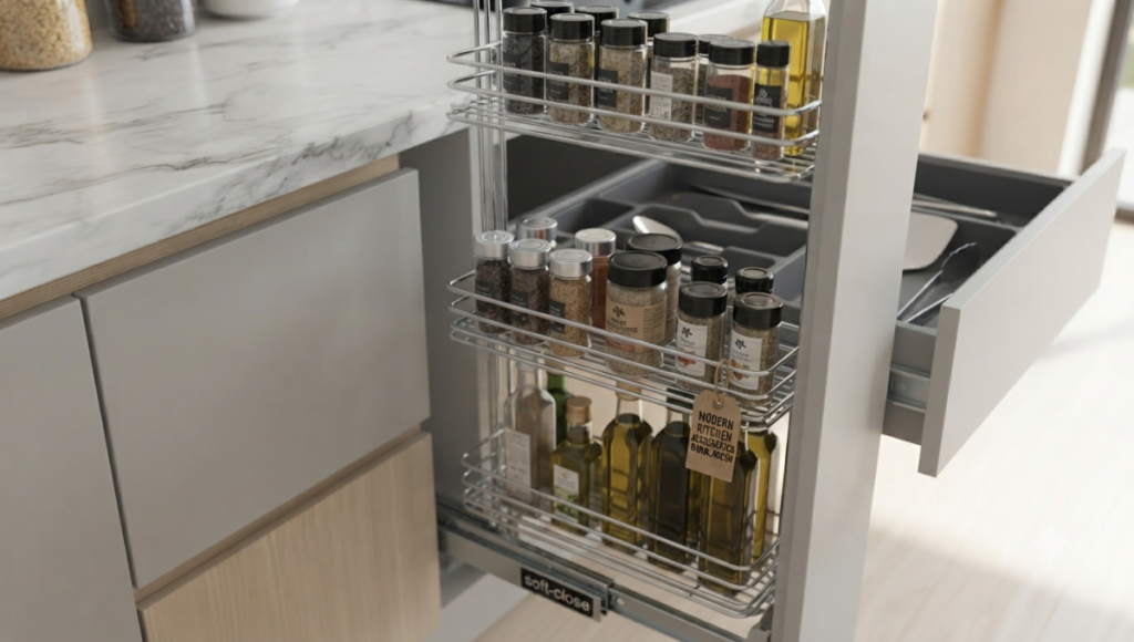 A detailed overhead view of a modern kitchen drawer featuring a dark grey cutlery organizer tray. The tray holds a mix of stainless steel forks, spoons, knives, and larger cooking tools like a spatula and tongs, set within light wood cabinets and a marble countertop. A small label with the text 'CUTLERY ORGANIZER PRICE IN BANGLADESH' is clearly visible in the foreground of the tray.