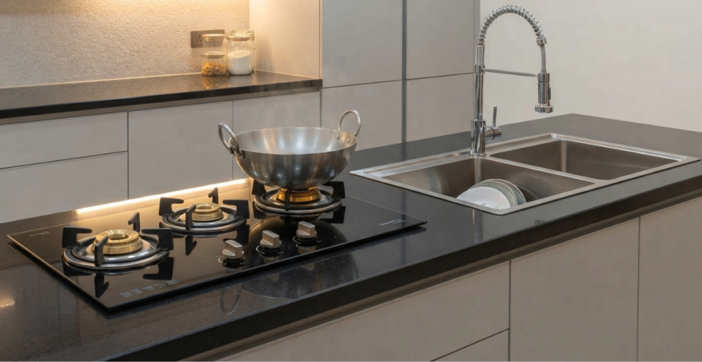 An integrated modern kitchen workspace in Bangladesh featuring a sleek, tempered glass 3-burner built-in gas hob and a large premium stainless steel double-bowl sink set into a dark quartz countertop, demonstrating a high-efficiency cooking and washing zone.