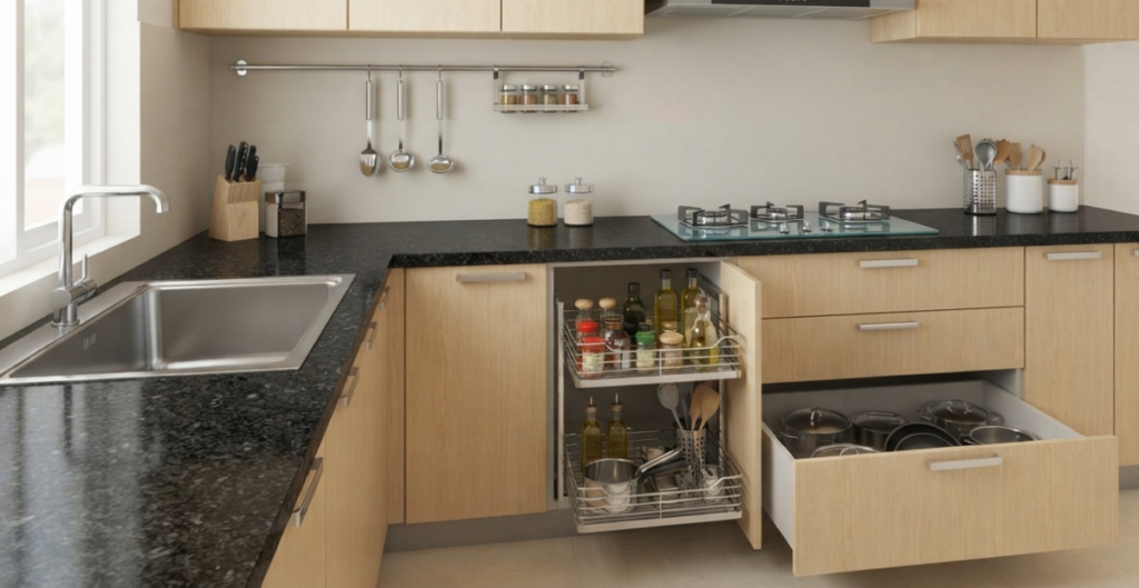 A modern, organized modular kitchen in Bangladesh featuring a built-in gas hob, luxury sink, and efficient pull-out drawer baskets for cooking space organization.