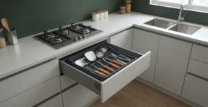 A wide shot of a modern modular kitchen in Bangladesh with a drawer open, showing the angled organizer and other smart accessories like a gas hob and sink.