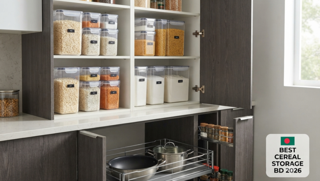 A modern Bangladeshi kitchen pantry with shelves full of airtight cereal storage containers and pull-out wire baskets for cookware.