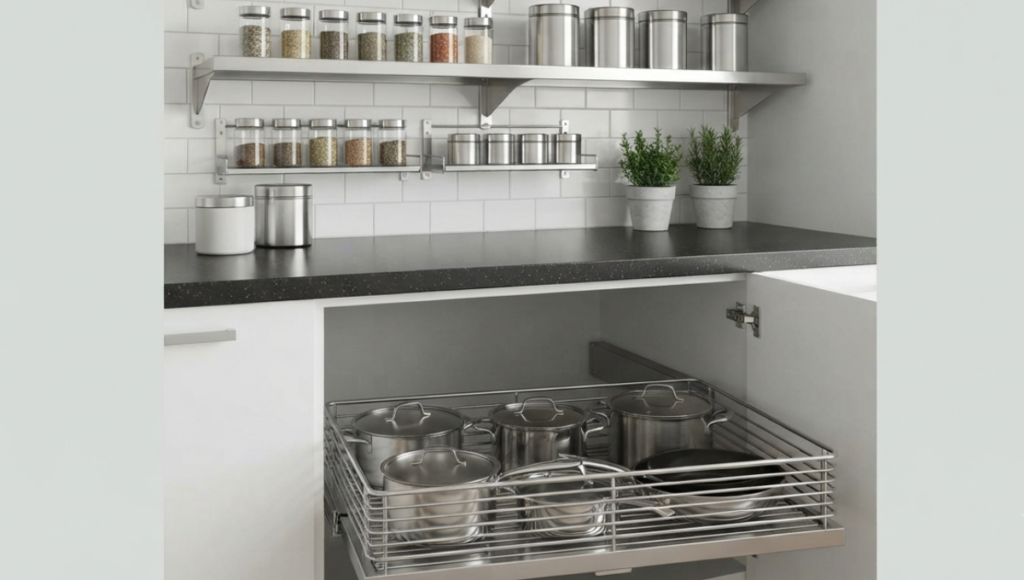 A modern kitchen scene featuring polished SUS304 stainless steel shelves filled with spice jars and a lower cabinet with a stainless steel pull-out drawer basket holding cookware.