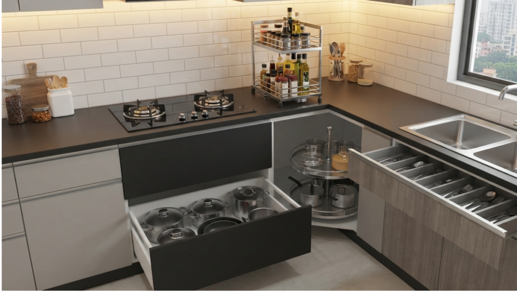 A modern modular kitchen in Bangladesh featuring smart accessories like a 2-burner gas stove, pull-out drawers, corner storage, and a spice rack.