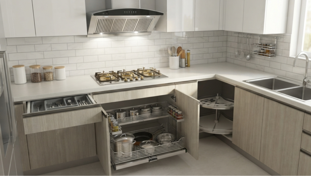 A modern modular kitchen in Bangladesh featuring smart storage accessories like pull-out baskets, a corner unit, gas stove, and hood.