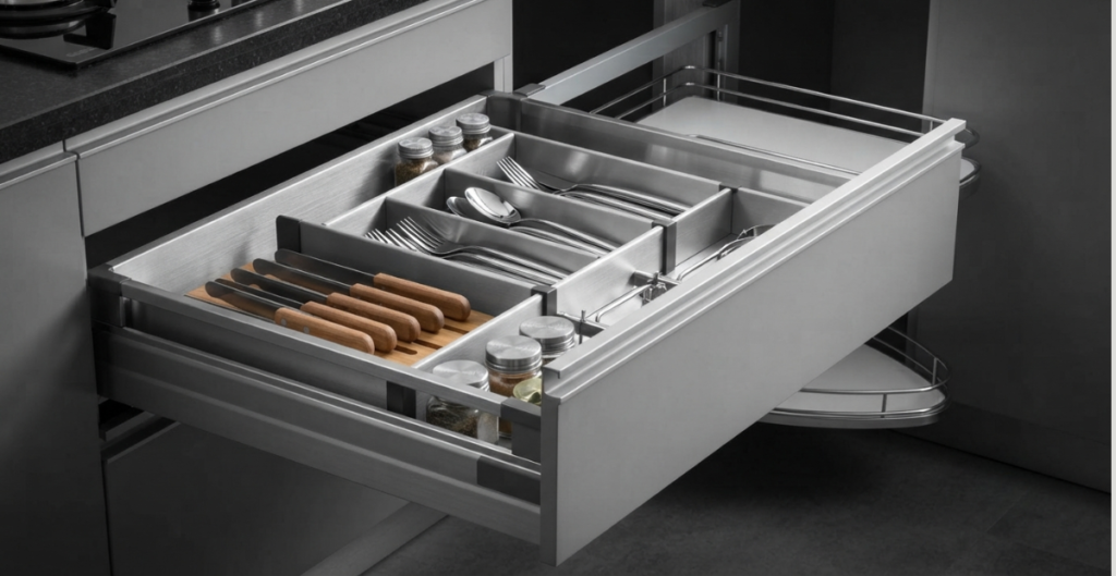 Modern modular kitchen installation in Bangladesh showing various accessories like pull-out baskets and hob.