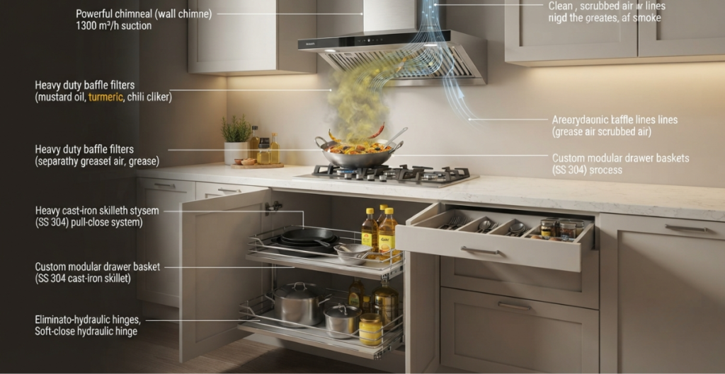 A split-view image comparing a chaotic, dark kitchen cabinet with a reorganized version featuring smooth-gliding, heavy-duty pull-out wire baskets storing pots and pans.