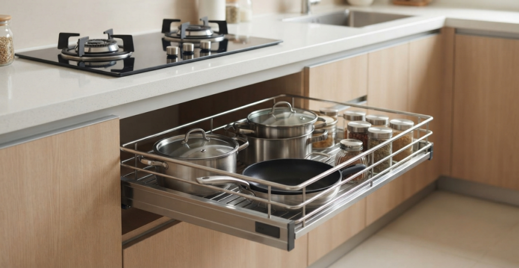 A modern, organized modular kitchen in Bangladesh featuring a deep pull-out drawer basket filled with cookware, a built-in gas stove, and a stainless steel sink.