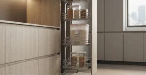 A slim, high-capacity rice storage box integrated into a pull-out wire basket pantry system within a modern modular kitchen in Bangladesh.