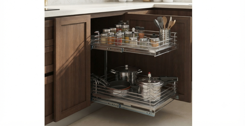 A fully extended stainless steel pull-out basket system inside a dark wood base cabinet, organizing spices and heavy cookware in a modern Bangladeshi kitchen.