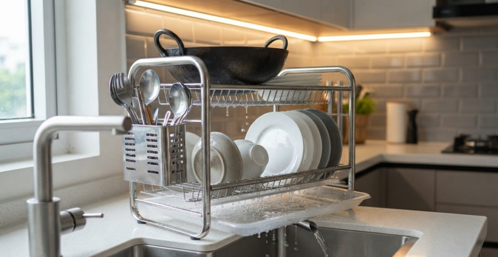 A close-up view of a premium SS304 stainless steel rust proof dish rack on a modern kitchen counter in Dhaka, actively drying heavy cookware and porcelain plates.