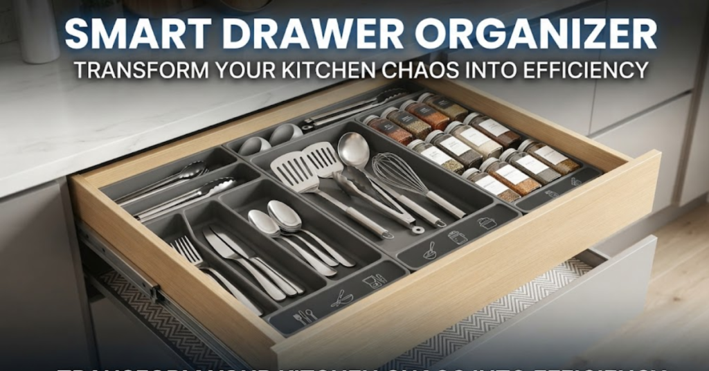 An open wooden drawer with a smart organizer for cutlery and spices.