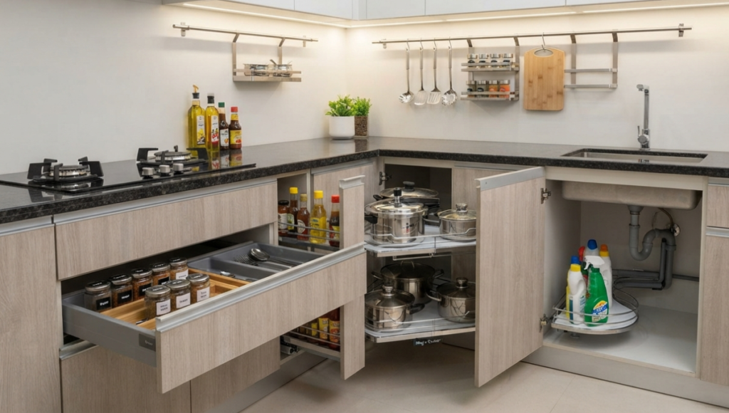 A modern, organized kitchen in a Bangladeshi home featuring smart cabinet storage solutions like pull-out spice racks, corner carousel systems, and under-sink organizers.