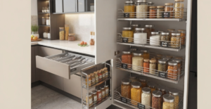 Modern, space-saving smart kitchen in Dhaka with built-in hob and pull-out baskets.