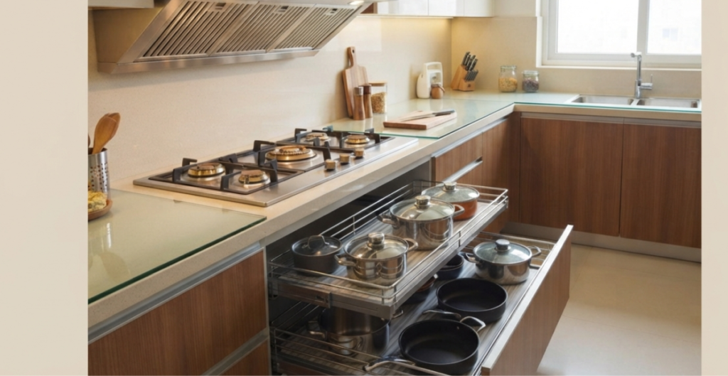 Organized modular kitchen accessories, larder unit, and spice racks in a Bangladeshi home.