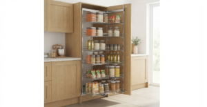 A tall, floor-to-ceiling pantry unit with a six-layer chrome pull-out shelving system, fully extended and stocked with various dry groceries in a modern kitchen setting.