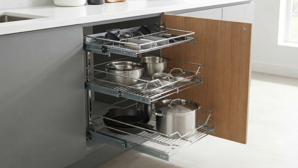 An efficient, small urban kitchen layout maximizing space with smart storage solutions, including a visible multi-tier pull-out rack for heavy cookware and a slimline larder unit, demonstrating high-density organization.