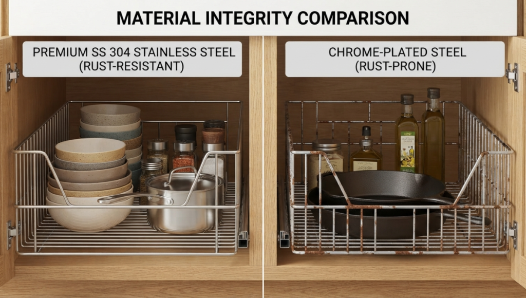 Side-by-side comparison photography showing a high-grade, rust-resistant SS 304 stainless steel wire basket vs. a corroded, low-grade chrome-plated basket after simulated monsoon exposure.