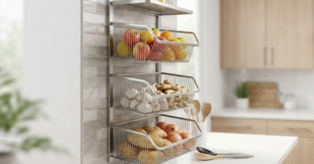 Wall-mounted stainless steel fruit and vegetable storage rack.