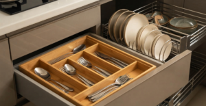 A detailed view of eco-friendly bamboo cutlery organizers and durable SS304 vertical plate holders, showcasing organized, sustainable kitchen storage solutions in Bangladesh.