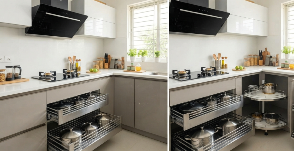 A modern, high-efficiency modular kitchen in Bangladesh featuring durable SS304 storage, an auto-clean hood, and organized zones for a sustainable cooking workflow.