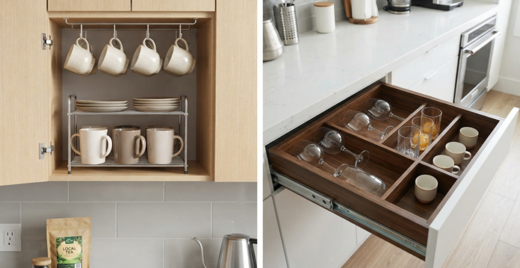 A practical kitchen cabinet in a Dhaka home demonstrating vertical space-saving with a stainless steel under-shelf mug hook rack holding suspended cups, and a separate two-tier bamboo shelf organizing stacked mugs below.