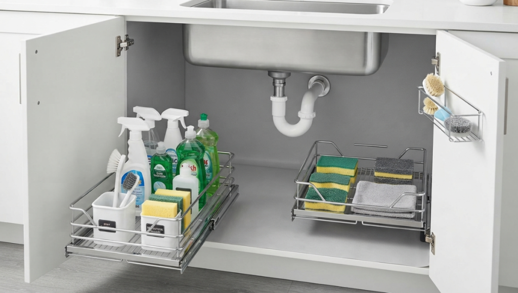 Modern kitchen cabinet showing under sink storage ideas with pull-out wire baskets and modular organizers around plumbing