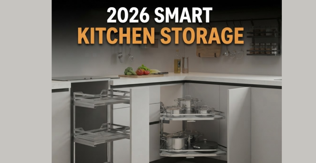 2026 smart kitchen storage solutions with stainless steel pull-out pantry.