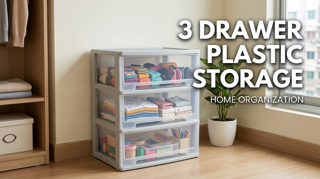 A semi-transparent three-drawer plastic storage unit organizing socks, clothes, and stationery in a tidy Dhaka apartment, featured image for blog.