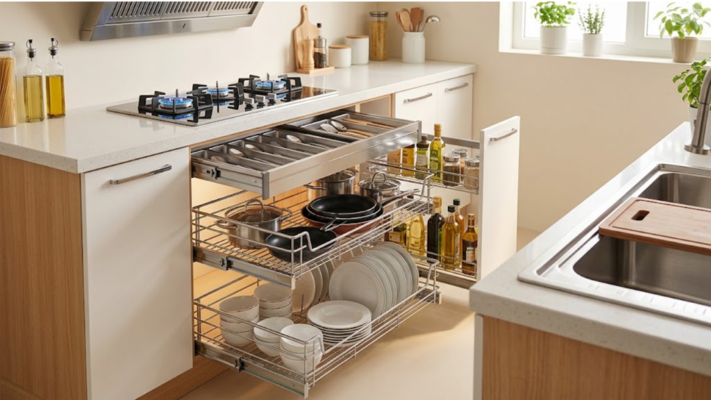 Stainless steel modular kitchen basket pull-out organizers in modern Bangladeshi home.