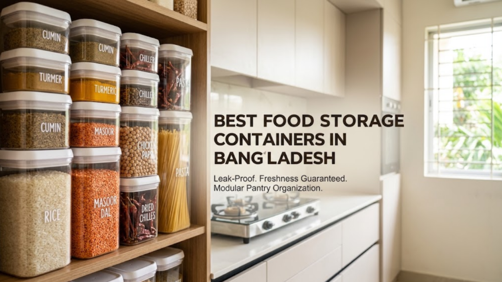 Transparent airtight food storage containers with spices stacked on a pantry shelf.