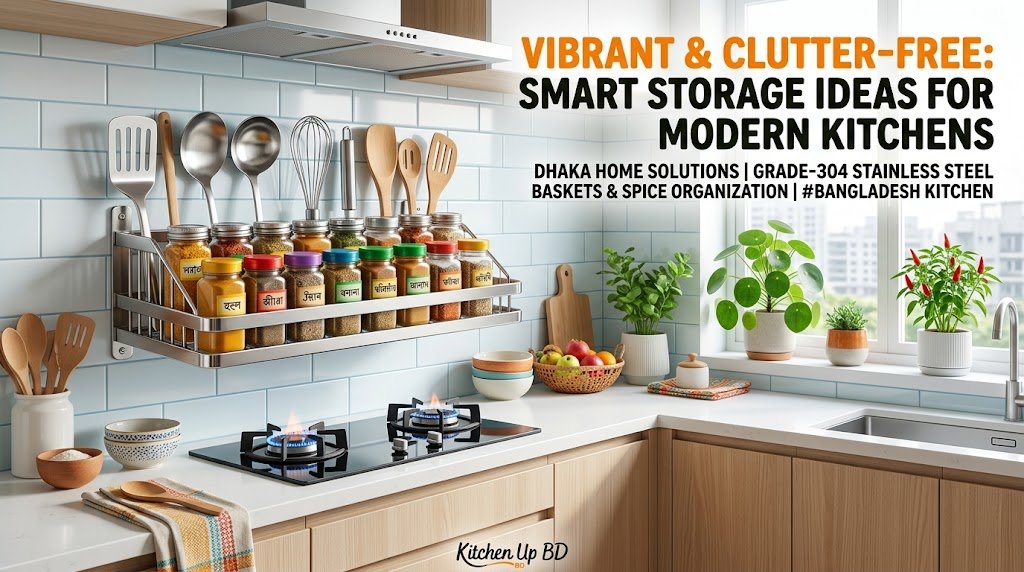 Stainless steel wall storage basket with spice jars mounted on tiled kitchen wall in Bangladesh