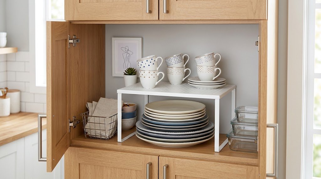 A white metal cabinet shelf riser doubling vertical storage space in a kitchen cupboard.