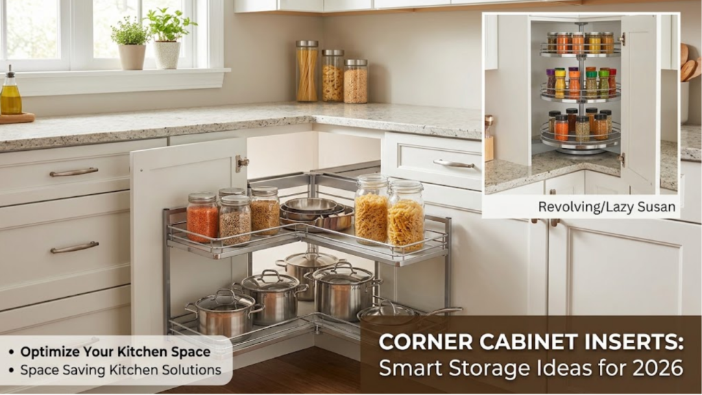Stainless steel corner cabinet inserts with pots and spice jars in a modern kitchen.