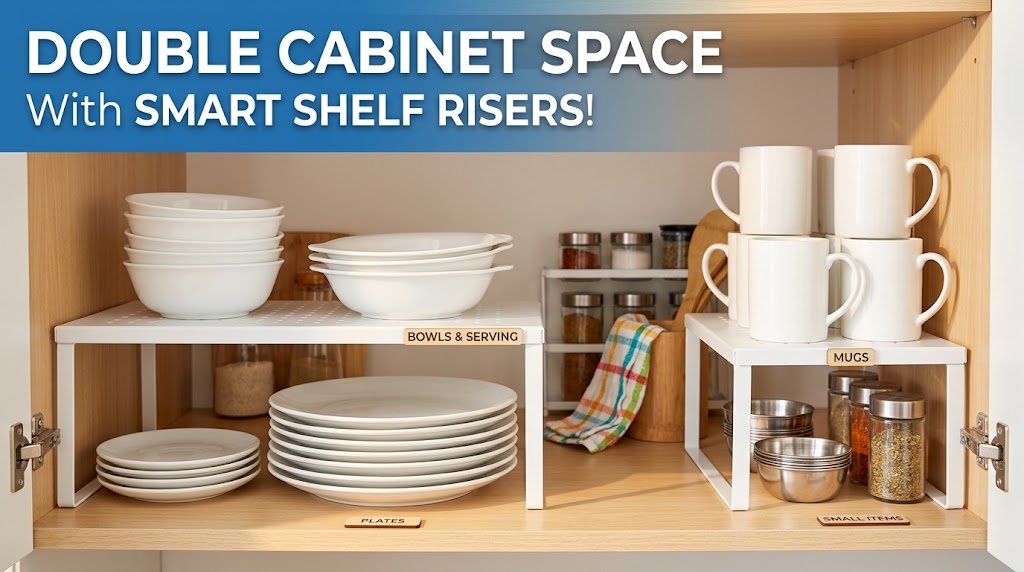 White metallic shelf risers inside a modern kitchen cabinet organizing stacked ceramic plates, bowls, and mugs to maximize vertical space.