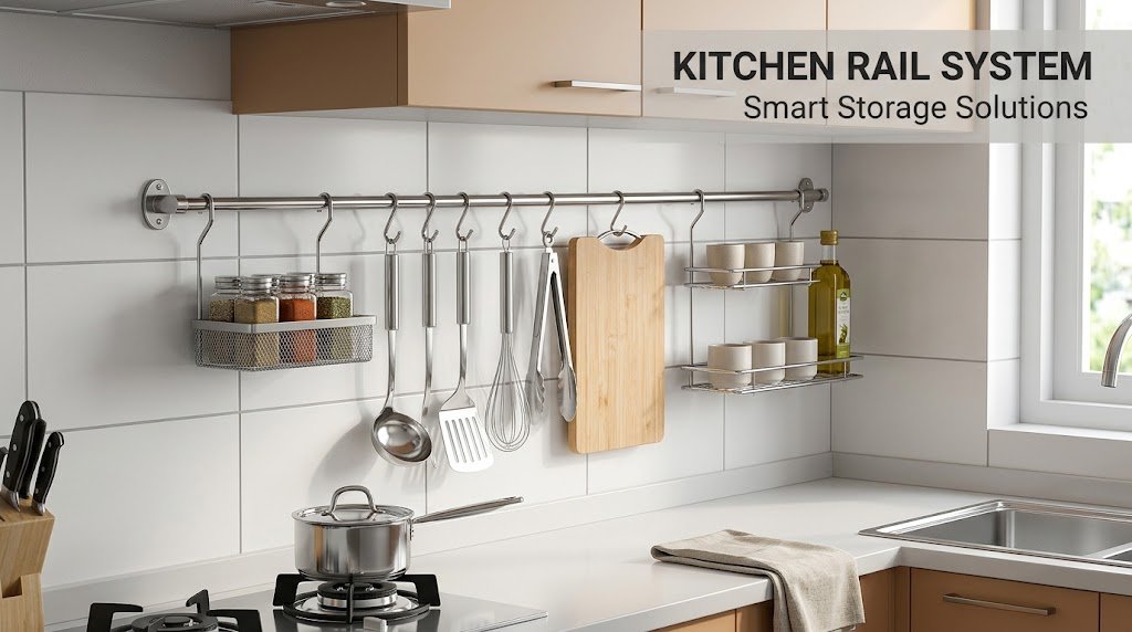 Stainless steel kitchen rail system on tiled backsplash holding utensils and spices