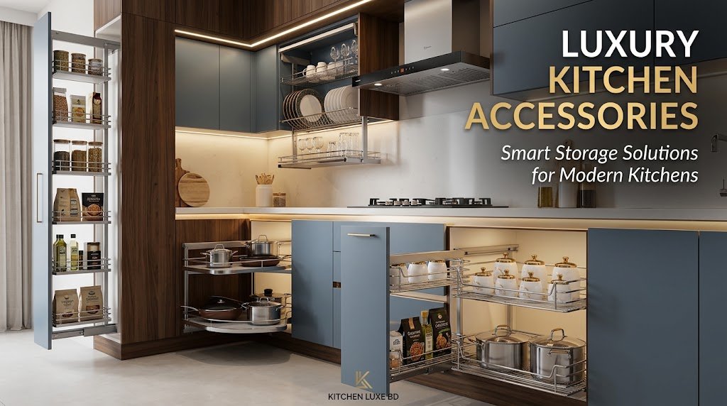 Modern kitchen in Bangladesh featuring 2-burner gas stove, sink, and pull-out baskets.