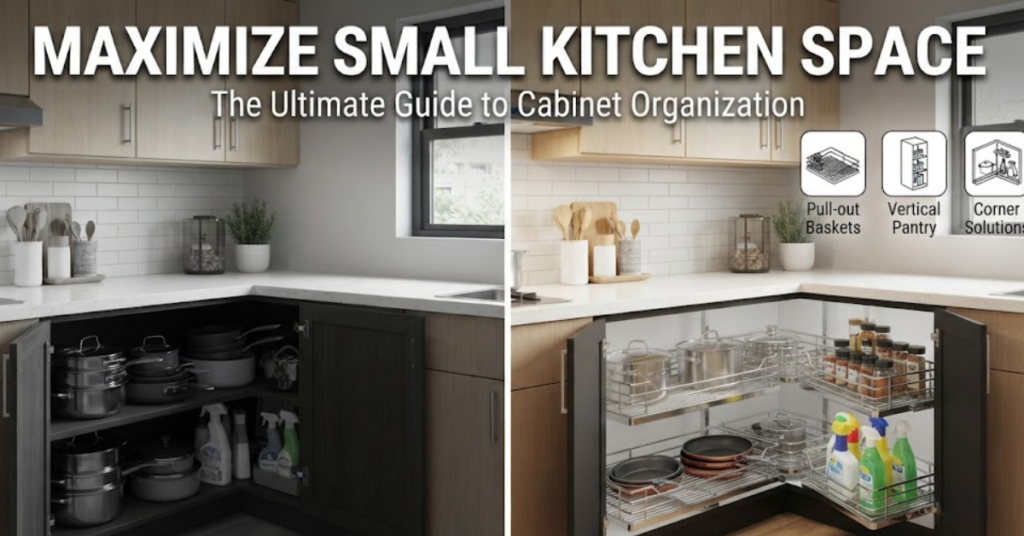 Before-after small kitchen cabinet with pull-out wire baskets.