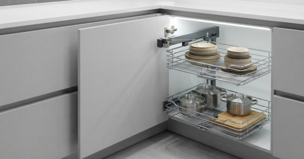 A close-up of a modern, gray kitchen cabinet featuring a chrome "magic corner" pull-out mechanism fully extended, displaying organized pots and bowls.