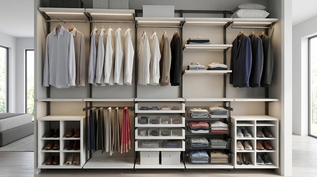 Modern modular closet organizer with anti-rust hardware and smart storage shelves.