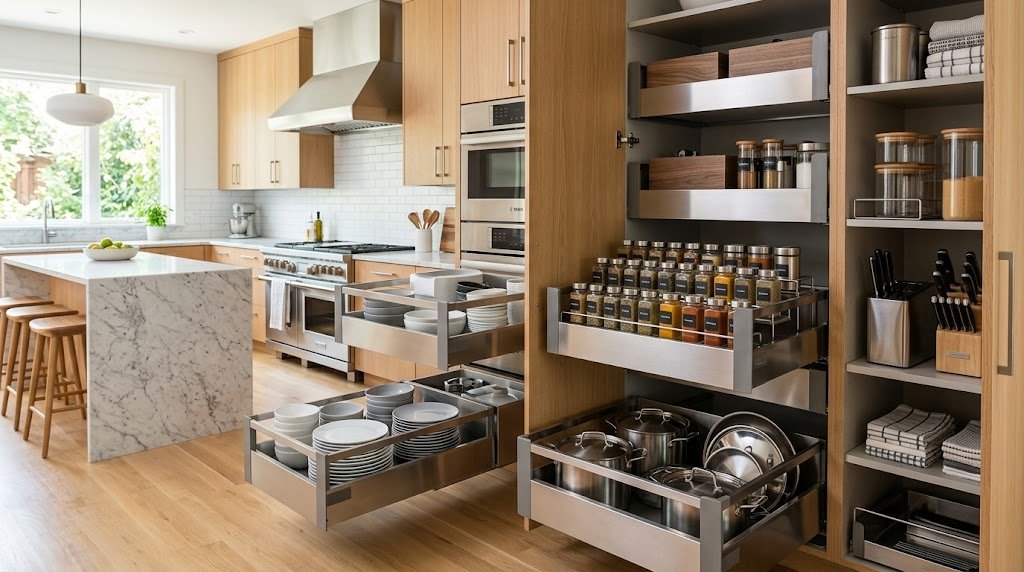 Sleek modern cabinets with pull-out stainless steel baskets and modular storage accessories.