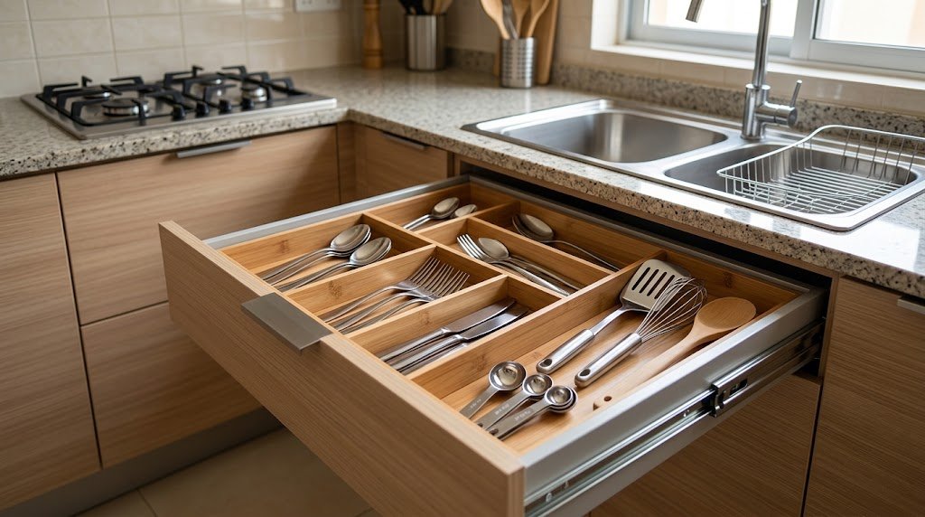 Organized kitchen drawer divider with cutlery tray in a modern Bangladeshi apartment.