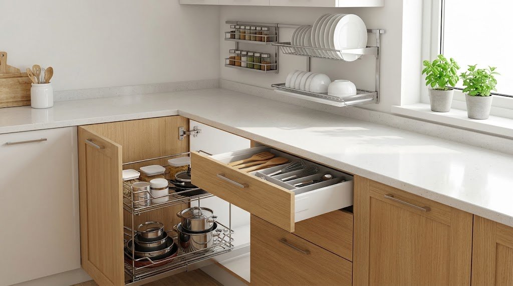 Modern kitchen featuring smart cabinet storage, pull-out baskets, and drawer organizers
