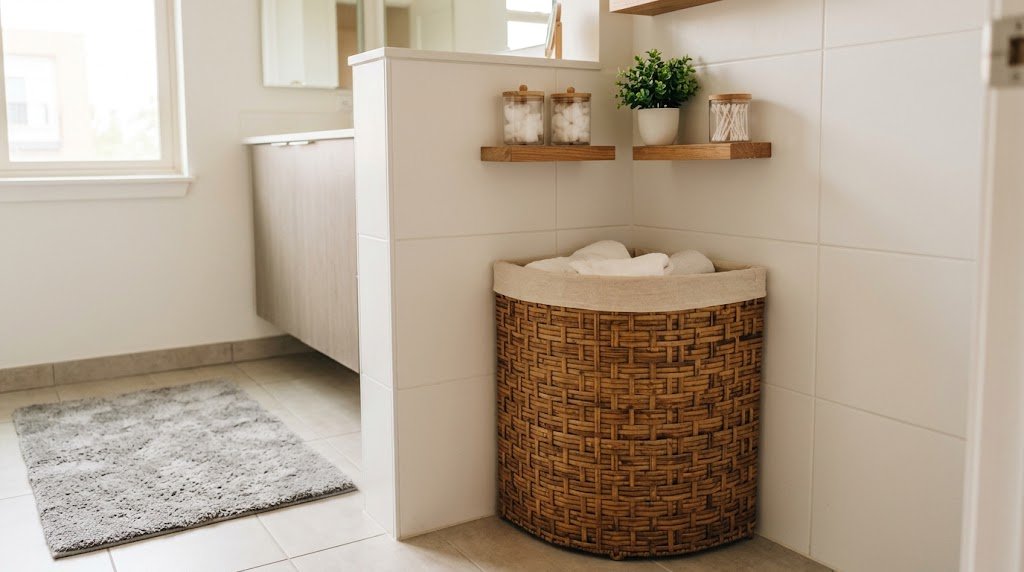 A rustic bamboo corner laundry basket tucked in a bright modern tiled bathroom corner.