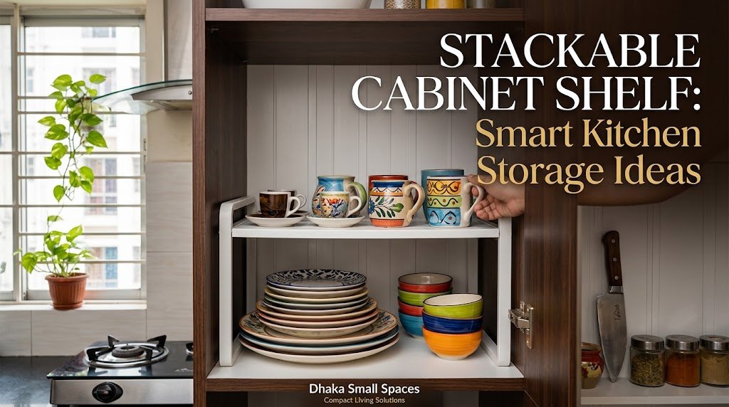 Stackable cabinet shelf maximizing vertical dish storage inside a neat Dhaka kitchen.